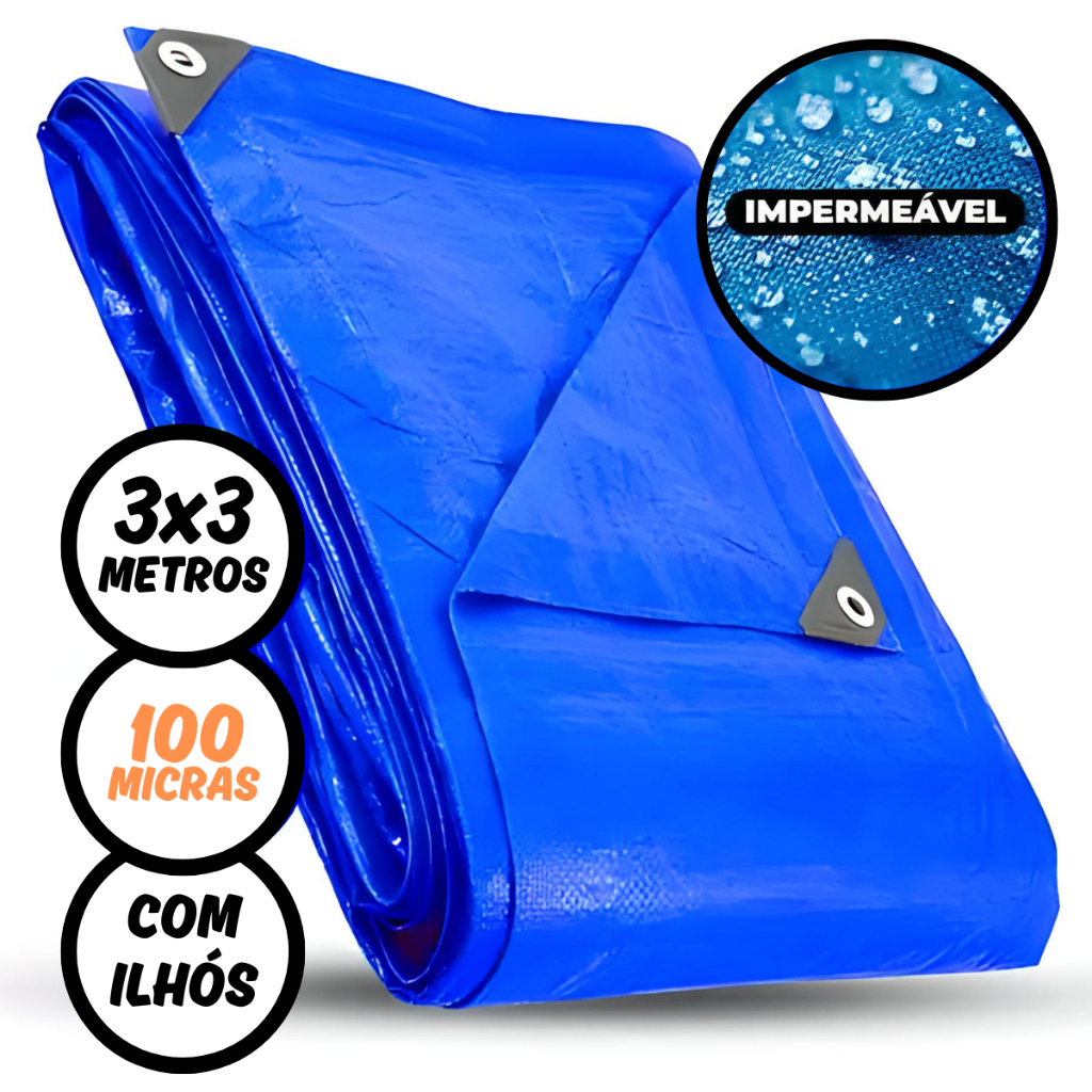 Lona Plástica Impermeável 3 x 3 Metros Azul com Ilhós Bordas Reforçadas