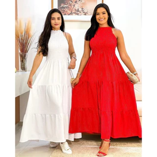Vestido Longo Plus Size Moda Maior e Menor Veste 38 ate 46 e 48 ate 52 . Vestido Longo Cavado de regata moda verão moda evangelica Plus Size Moda Maior e tamanho unico M Cores Variadas Tecido Crepe Dunas