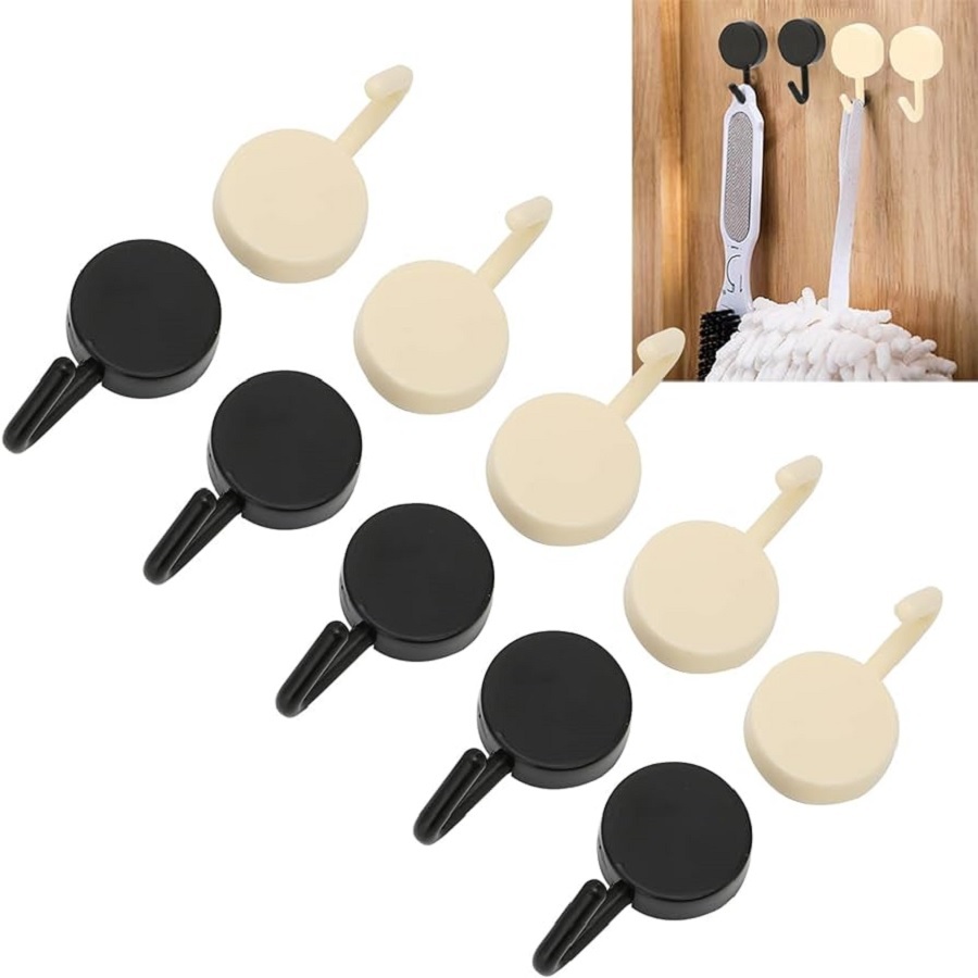 Conjunto 12 Ganchos Adesivos Organizador 3x5Cm Multiuso Plástico Parede Prático E Fácil De Se Usar Creme E Preto