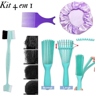 Kit Capilar Escova de Cabelo Polvo Cacheado Ondulado Crespo Touca de Cetim Baby Hair Pente Garfo Pentear Desembaraçar