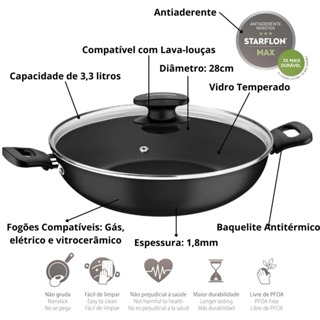 Wok Tramontina Alumínio Antiaderente Starflom MAX Loreto 28cm Grafite 3,3 Litros