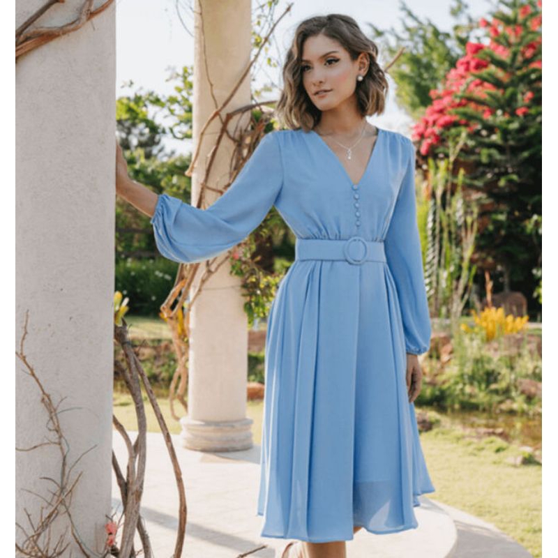 VESTIDO MIDI LEVEMENTE GODÊ COM MANGA LONGA E BOTÕES ENCAPADOS