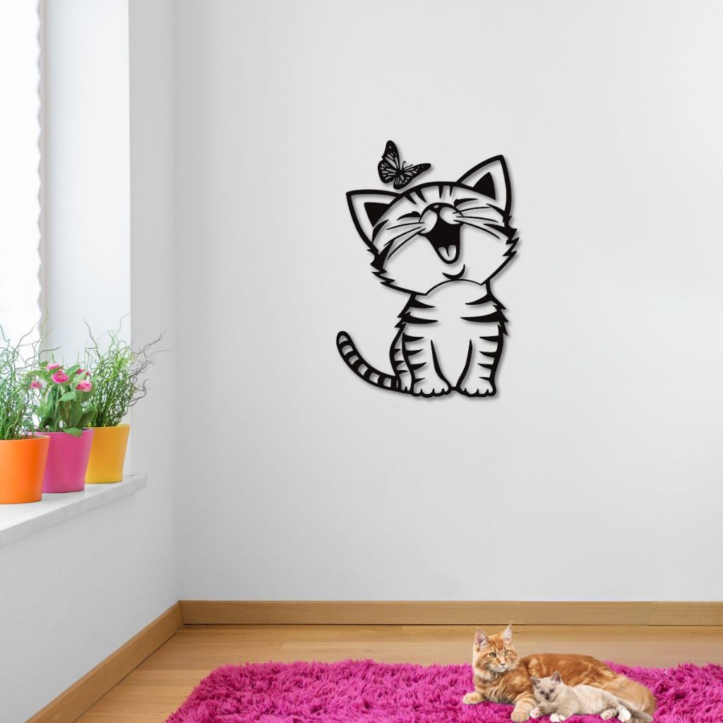 Quadro Decorativo Vazado Gato Com Borboleta Em Mdf 3mm Preto Shopee Brasil 5765