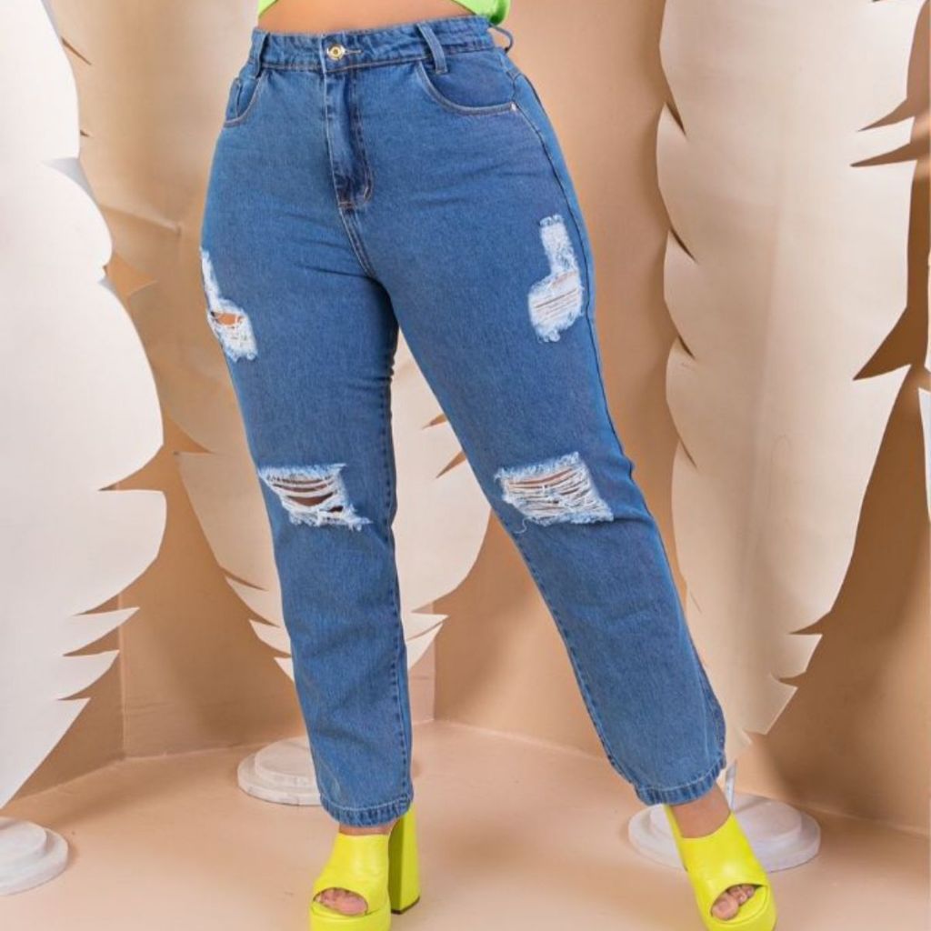 Calça Jeans Mom Feminino Plus Size Azul Claro Premium