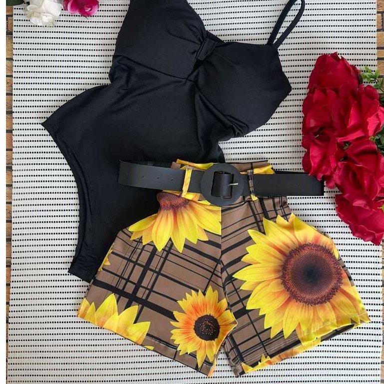 Conjunto Feminino Short e Blusa com Cinto. Conjuntinho Estampado Moda ...