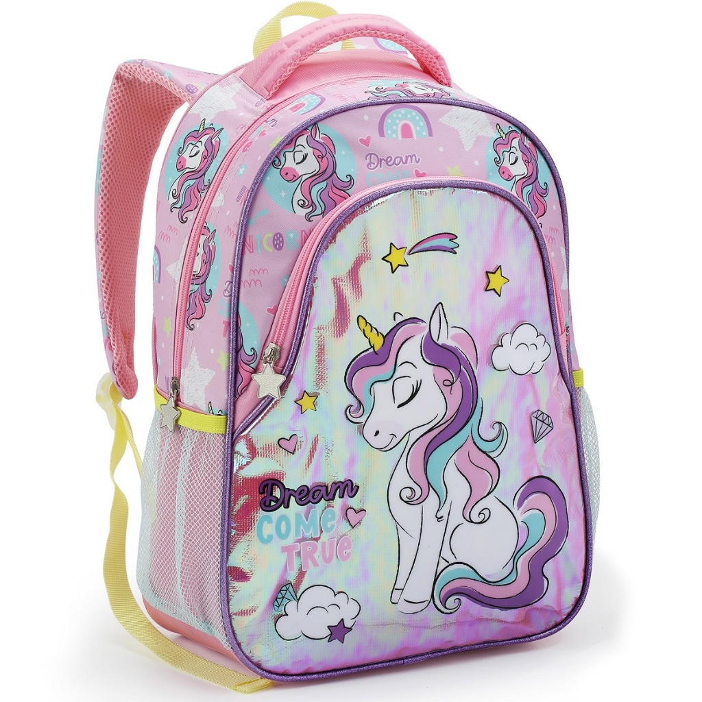 Mochila Bolsa Escolar e Passeio Costas Infantil e Juvenil Feminina Grande Unicórnio Sereia Holográfica Colorida Seanite MI41447