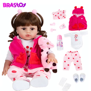 Brastoy Boneca Bebê Reborn Menina Silicone Olhos Castanhos 48cm Pode Dar Banho Com Girafinha e Panda