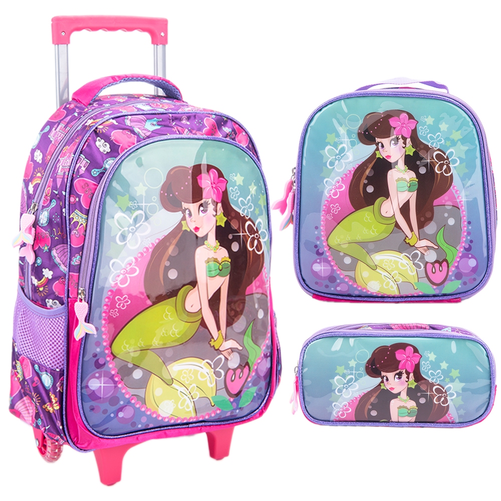 BMA9312SC-KIT Kit Mochila Escolar Infantil de Rodinhas Menina Bolsa Resistente Impermeável Com Lancheira e Estojo