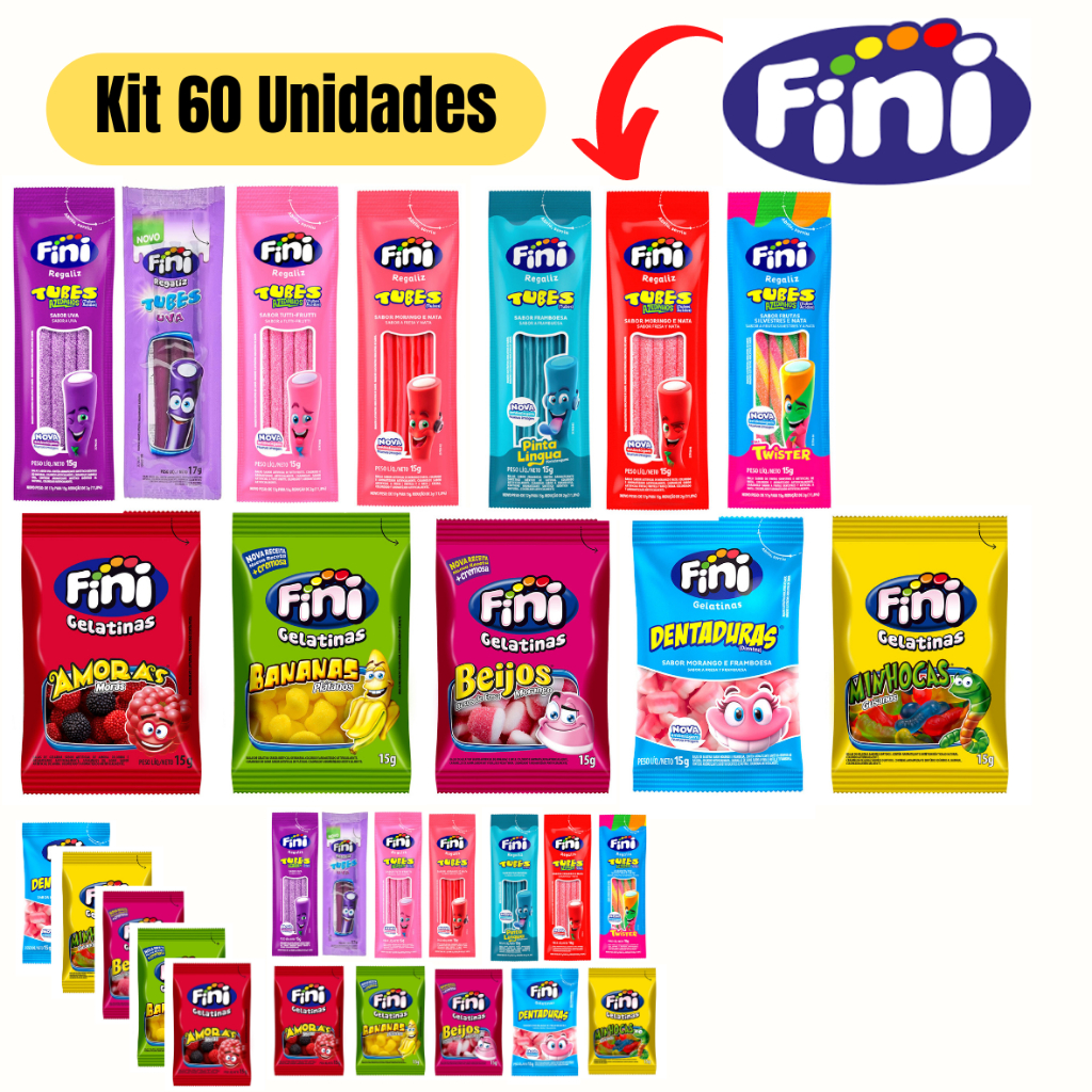 Kit 60 Un Bala Fini Bala Tubes Bala Gelatinas Bala Citrica De 15 Gramas Sabores Variados 6879