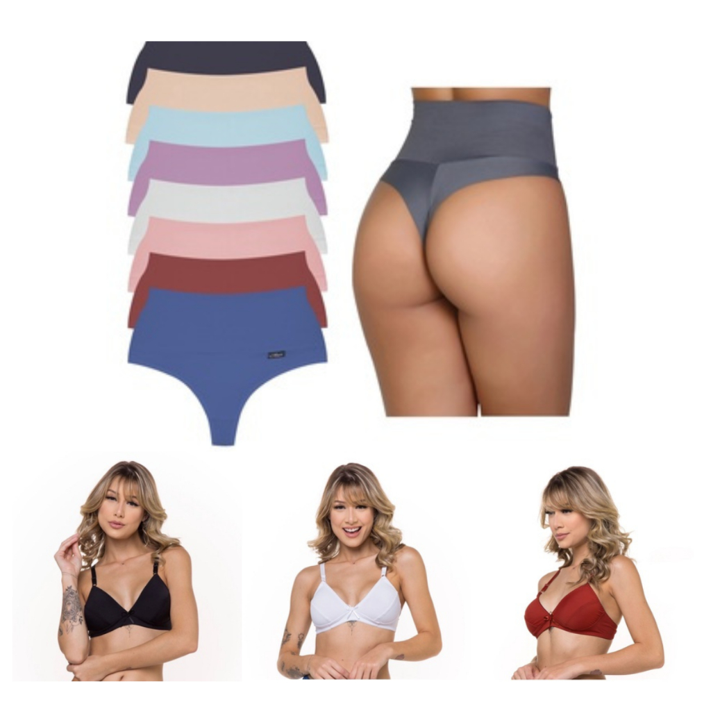 Kit 5 Calcinhas Modeladora Cintura Alta + 1 Sutiã Básico Sem Bojo