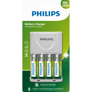 01 Carregador e 04 Pilhas AA 2450mAh Philips Recarregável 2A pequena 1 Cartela