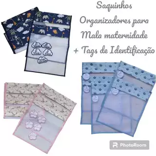 Kit c/ 5 Saquinhos Organizadores para Mala/Bolsa de Maternidade em Tule + Tags Bordadas