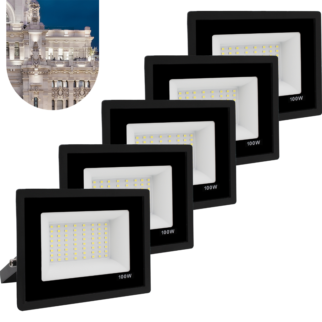 Kit 5 Refletor Led Smd 100w Holofote Bivolt Ip66 Frio