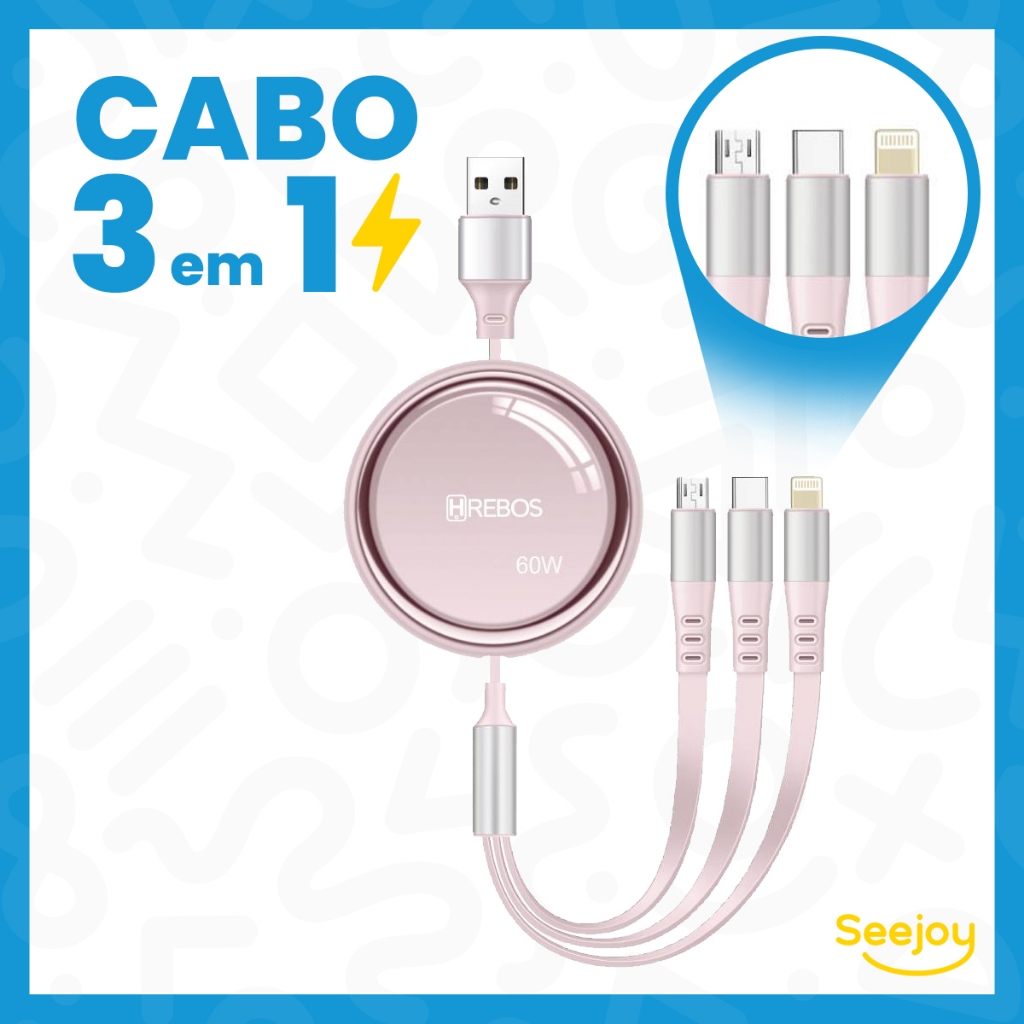 Cabo Turbo Turtle 3 em 1 Micro-USB Type-C Lightning 1 Metro