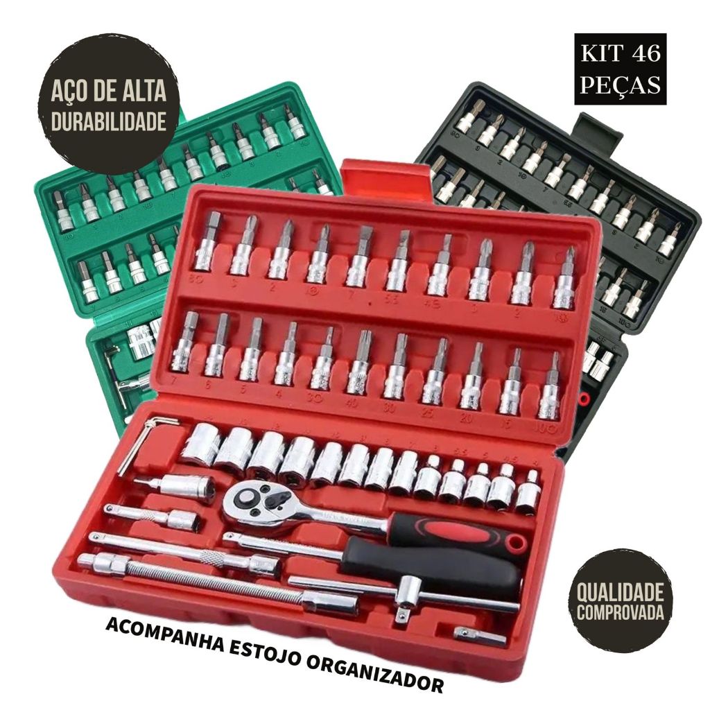 Kit De Ferramentas Completo Jogo de Soquetes Chave Catraca Reversível Com Maleta 46 Peças