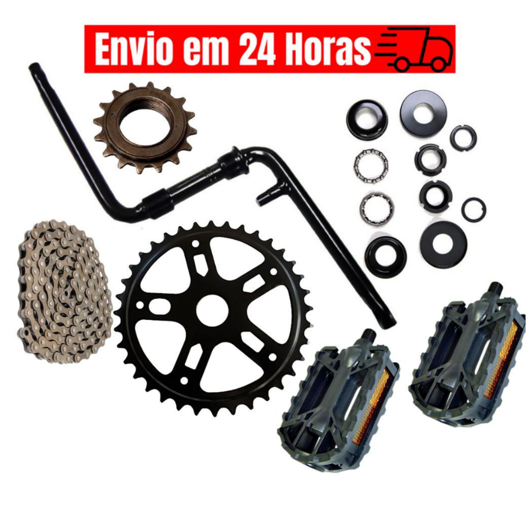 Kit Pé de Vela Bike Aro 20 Pedivela Monobloco + Coroa 36D + Pedal + Corrente Grossa + Catraca 16D + Movimento Central 45mm Esferado Preto