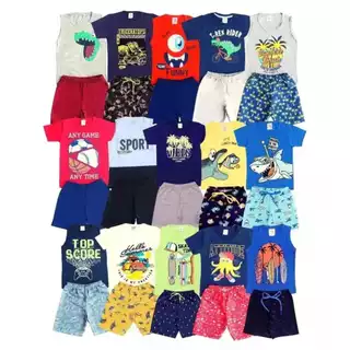Kit Sortido 10 Peças de Roupas Infantil Menino- 5 Camisetas + 5 Bermudas - Promoção - Kit com 5 Conjuntos de Roupa Infantil Menino