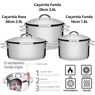 Jogo de Panelas Tramontina Inox Fundo Triplo Solar 3 Pç