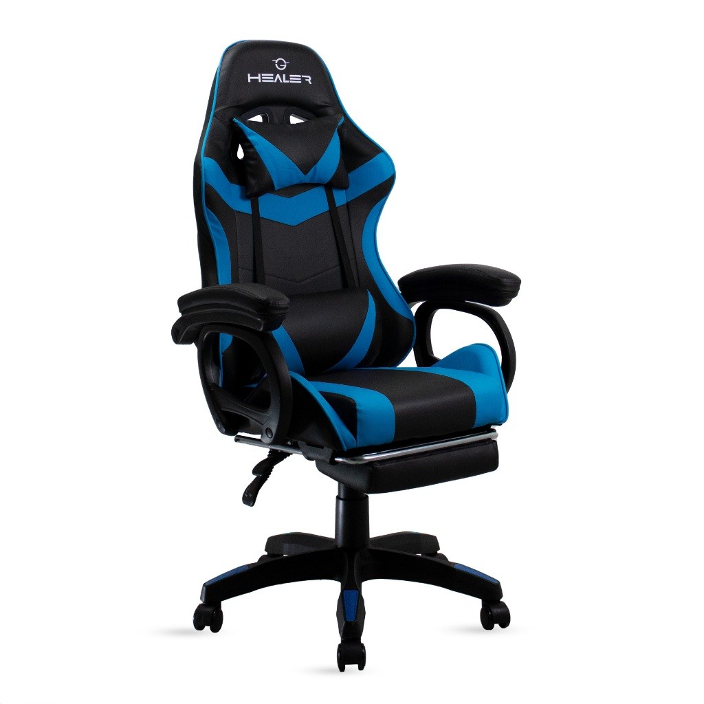 Cadeira Gamer Azul e Preto Healer Level Reclinável Giratória com apoio de pés