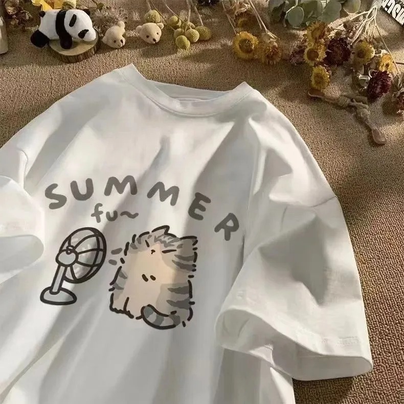 Camiseta Básica Algodão Feminina Funny Summer Cat Calor De Verão