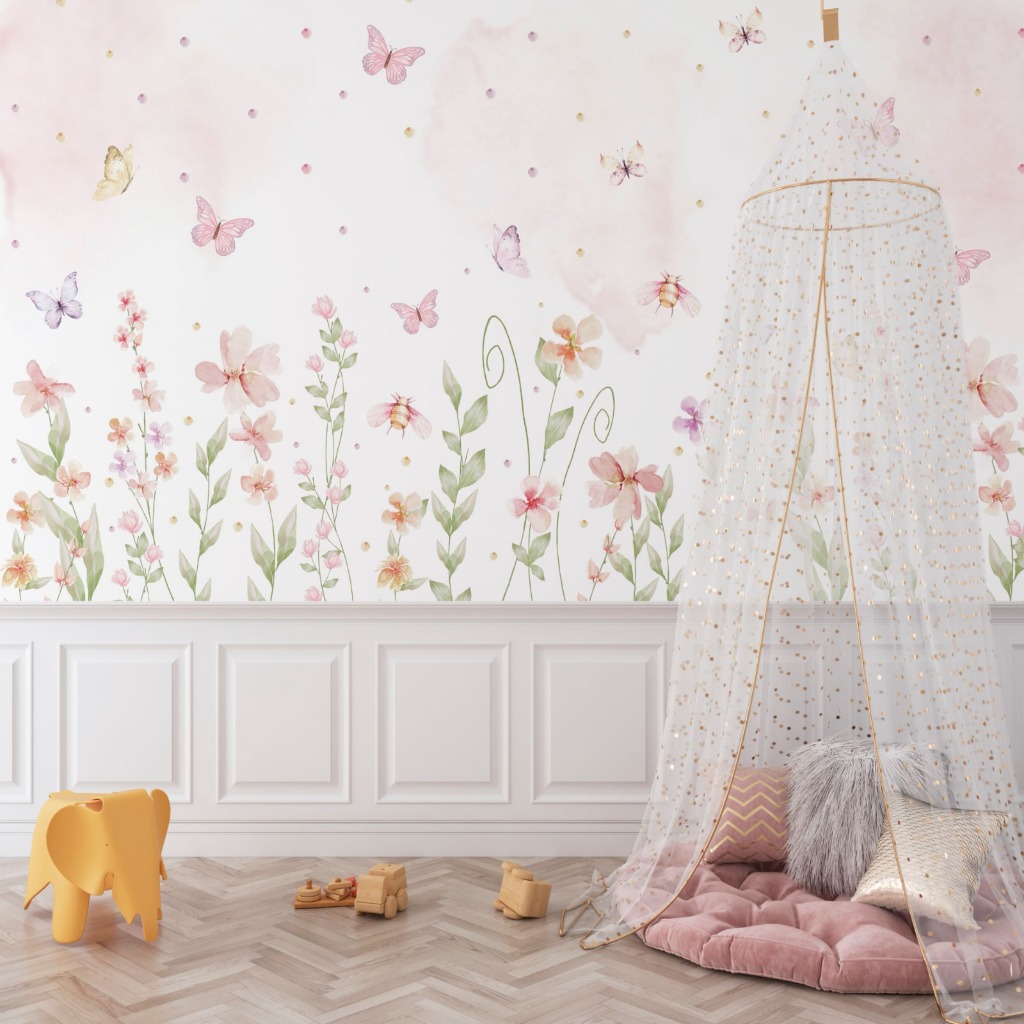 Papel de Parede Adesivo Jardim de Borboletas Aquarela Algidecor 1 metro altura x 1 metro de largura (leia a descrição)Algidecor