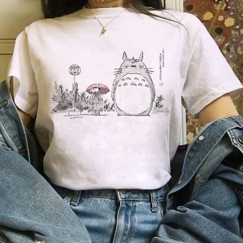 Camiseta Impressão Totoro Mulher E Guarda Chuva Masculino Feminino Algodão Básico