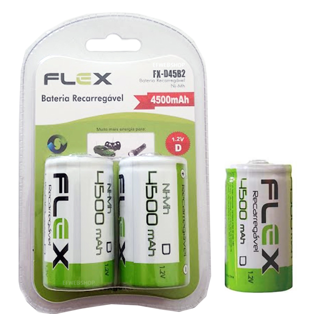 Pilhas Recarregáveis Flex Tipo D Grande 4500mAh NFe Lr20 Original FX-D45B com Nota Fiscal
