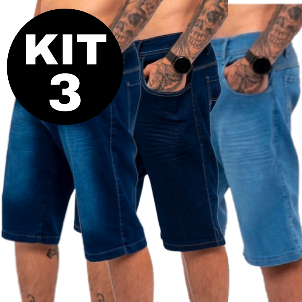 Kit 3 Bermudas Jeans Masculina Com Lycra Slim Fit - Envio Imediato