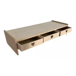 Suporte Monitor Setup De Mesa Escritório Organizador Mdf Cru C/3 Gavetas Coração