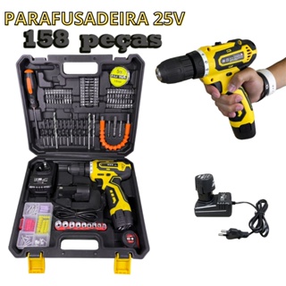Parafusadeira Furadeira Sem Fio Com 158 Pcs 25v 2 Baterias