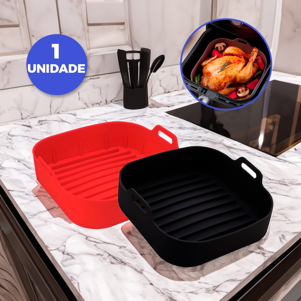 Forma de Silicone Air Fryer Assadeira Fritadeira Quadrada Antiaderente Vermelho/Preto