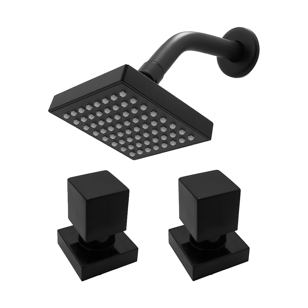 Kit Chuveiro Ducha Quadrado Articulável Preto Black Fosco Aquecimento Solar ou Gás Interno e Externo Luxo + Acabamento Registro Pressão E Gaveta Padrão Deca 1/2 3/4 ABS