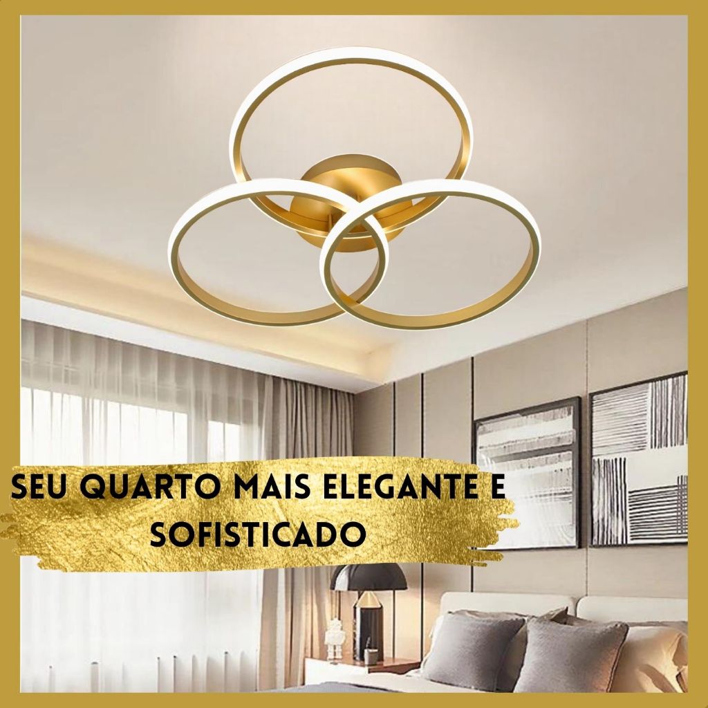 Luminária Plafon 3 Anéis Iluminação Elegante Moderno Bivolt 4000K para Sala Quarto Escritório Lustre Pendente Arcos Dourado 45w Selene