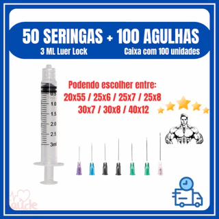 50 Seringa de 3Ml com 100 Agulhas - Seringa de 3 ML Luer Lcok (Rosca) + Agulhas Intramuscular