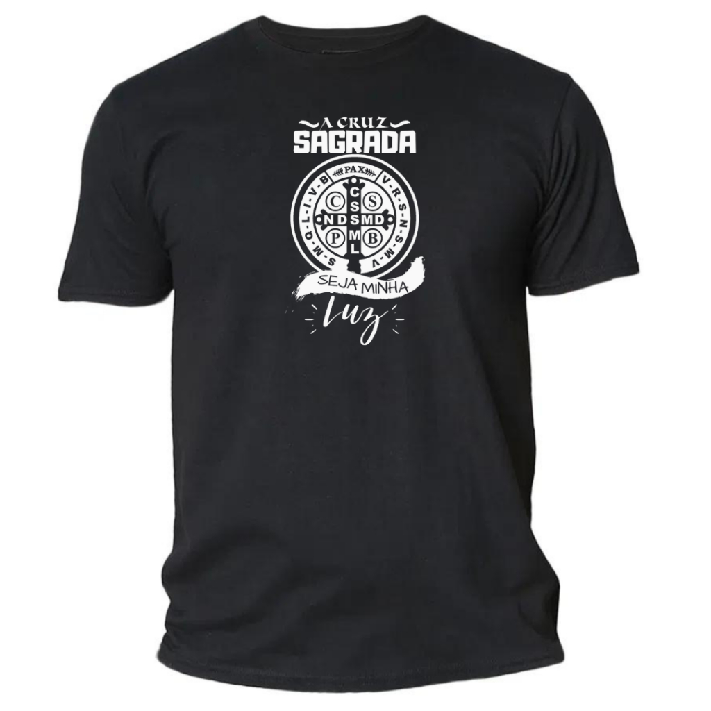 Camiseta masculina estampa catolica algodão a cruz sagrada seja minha luz são bento