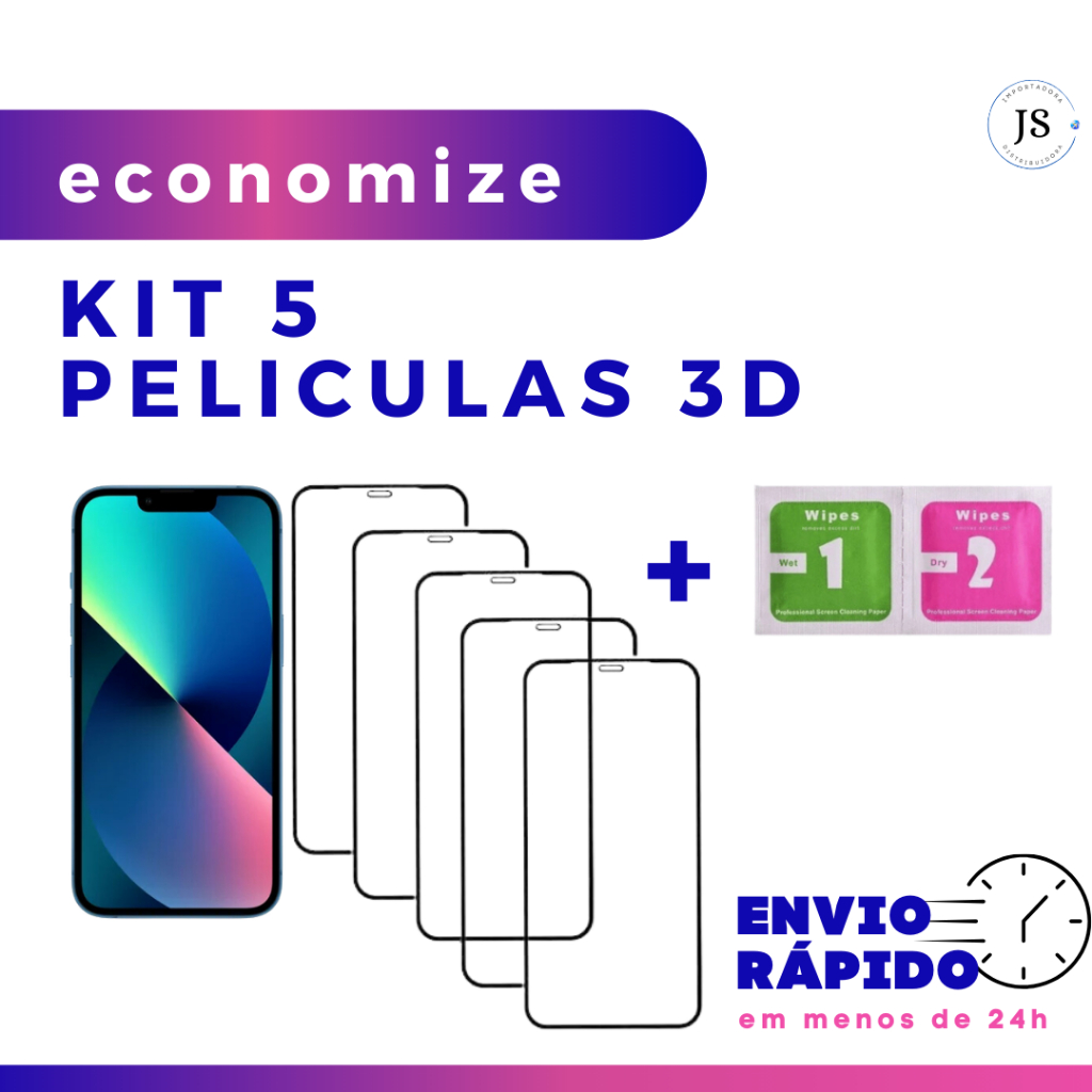 Kit 05 Pelicula de Vidro 3D Para iPhone 7 8 X XS XR 11 12 13