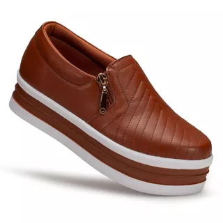 Tênis Iate Slip On Zíper Costura Frontal Sola alta Feminino Branco Várias Cores Plataforma