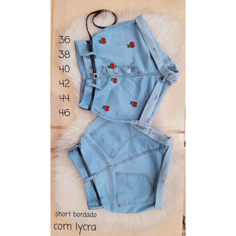 Short Jeans Lycra Feminina cintura alta botão encapado bordado cinto