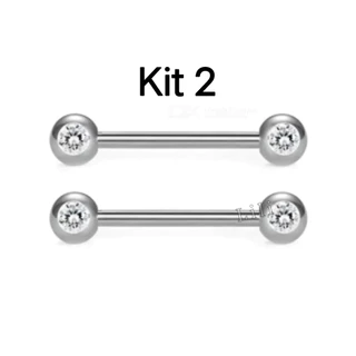 Kit 2 Piercing de Barbell Mamilo de Aço inoxidável com 2 pedra zircônia