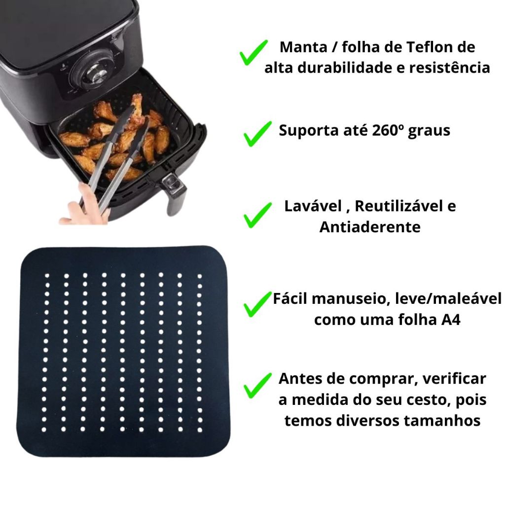 Tapete manta/folha de teflon Grande 26cm X 26cm para fritadeira Air fryer Philco Jumbo 8,1 Litros