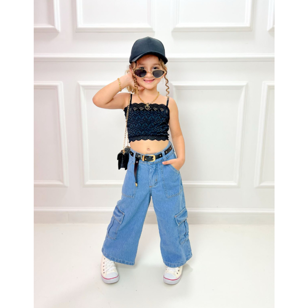 Calça Cargo Perna Larga Jeans Infantil Shopee Brasil