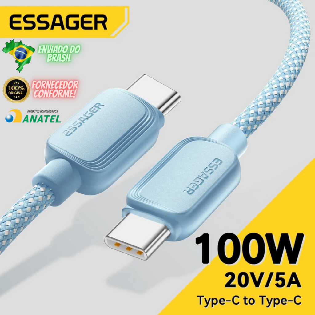 Cabo Carregador celular ESSAGER ORIGINAL E/S Tipo C USB Tipo C para Cabo USB C, 5A PD Fio de Carregamento Rápido Iphone, Xiaomi, Samsung, Huawei, Oppo, Oneplus, Macbook, iPad, 100W.