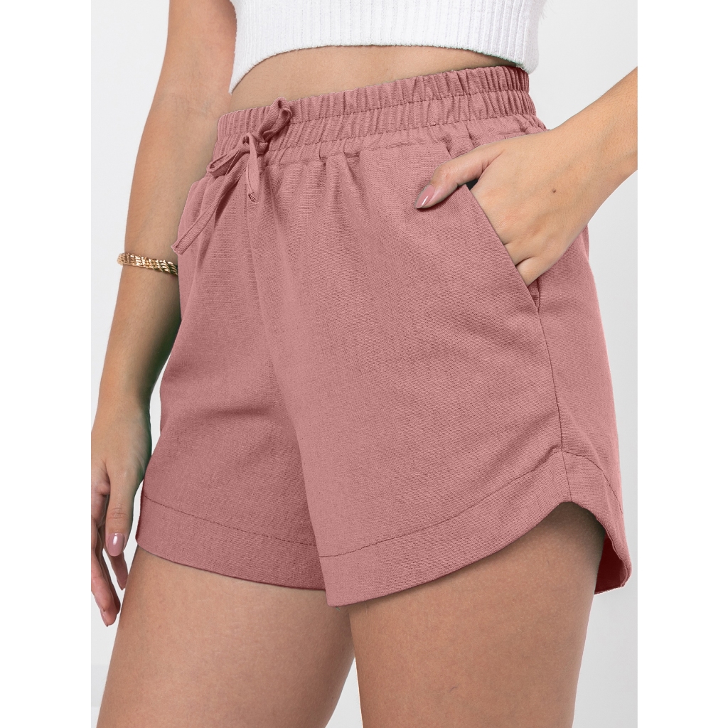 Short Linho Feminino shorts Cintura alta com elastico verao praia ...