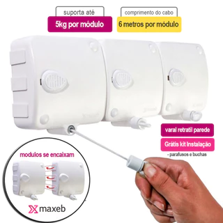 Varal Retrátil Modular de Parede Automático Stendmax Maxeb 6M Branco - 1 Módulo/ 2 Módulos/ 3 Módulos