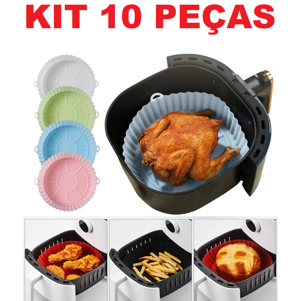 KIT 10 Forma De Silicone Para Air Fryer Forno Microondas Fritadeira Assadeira – Reutilizável Antiaderente Flexível