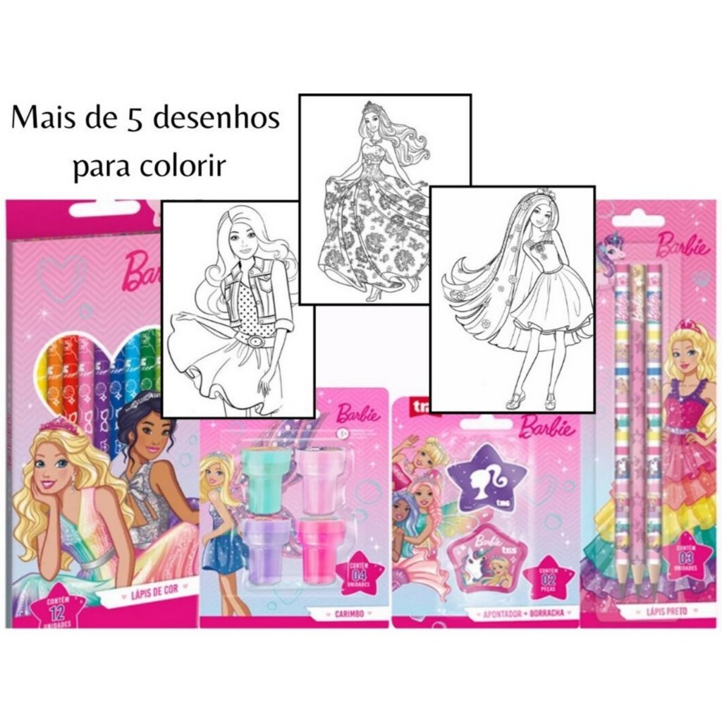 Kit Material Escolar Livrinho de Colorir Barbie Lápis Preto Hb Lápis De Cor  Carimbo Apontador Com Depósito + Borracha Tris | Shopee Brasil