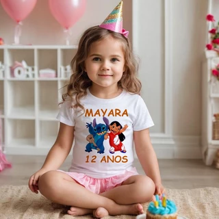 Camiseta Lilo e Stitch Desenhos Menina e Menino Aniversário Festas Presentes Personalizado Sua Idade Nome Infantil e Adulto Com suas informações Música Decoração Crianças Festas