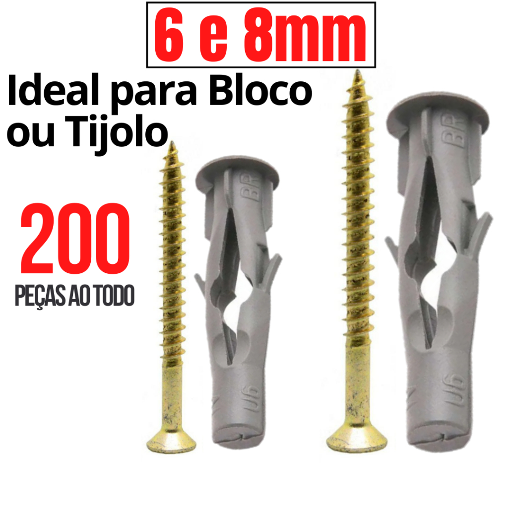 Kit Bucha FU para Tijolo Vazado 6mm 8mm com 100 Buchas de cada e Parafusos para Bloco Oco Tijolo Baiano Furado