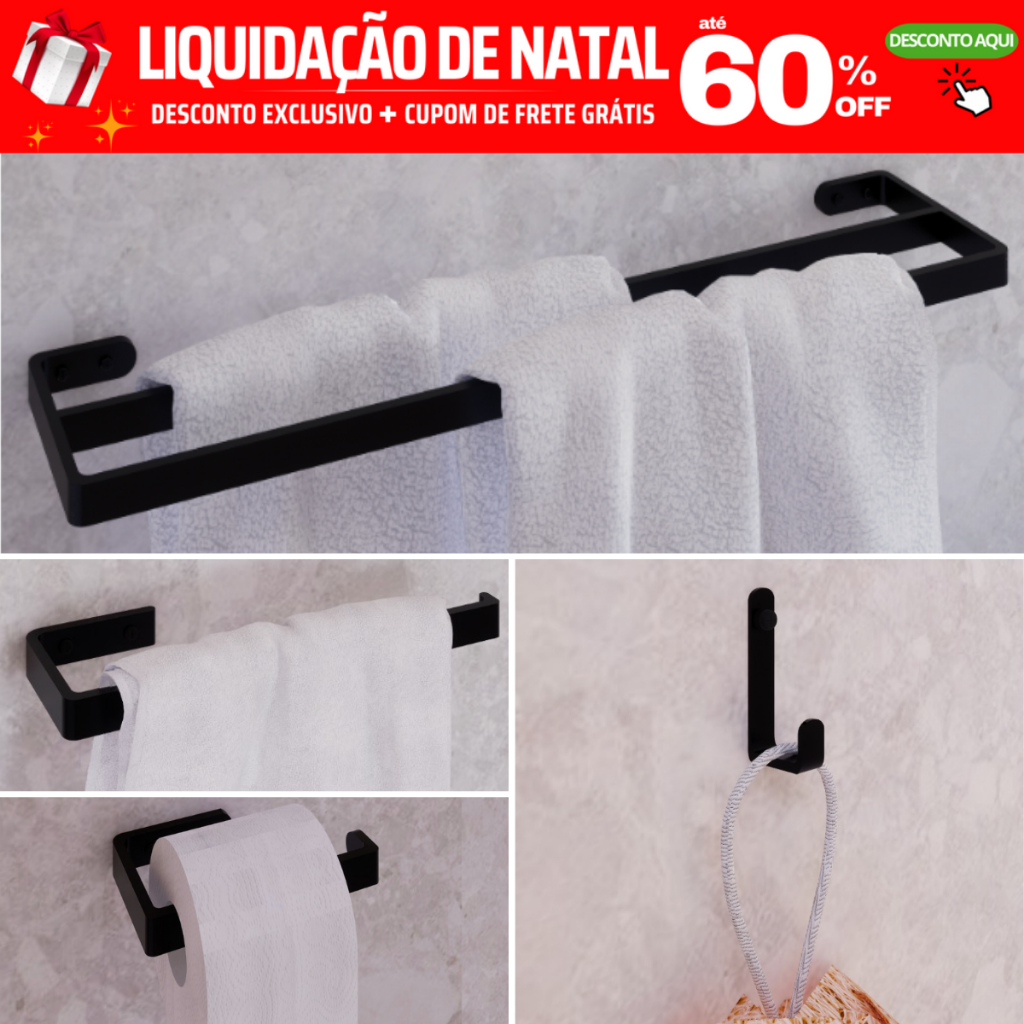 Kit Acessórios Para Banheiro 4 peças Toalheiro Duplo Suportes