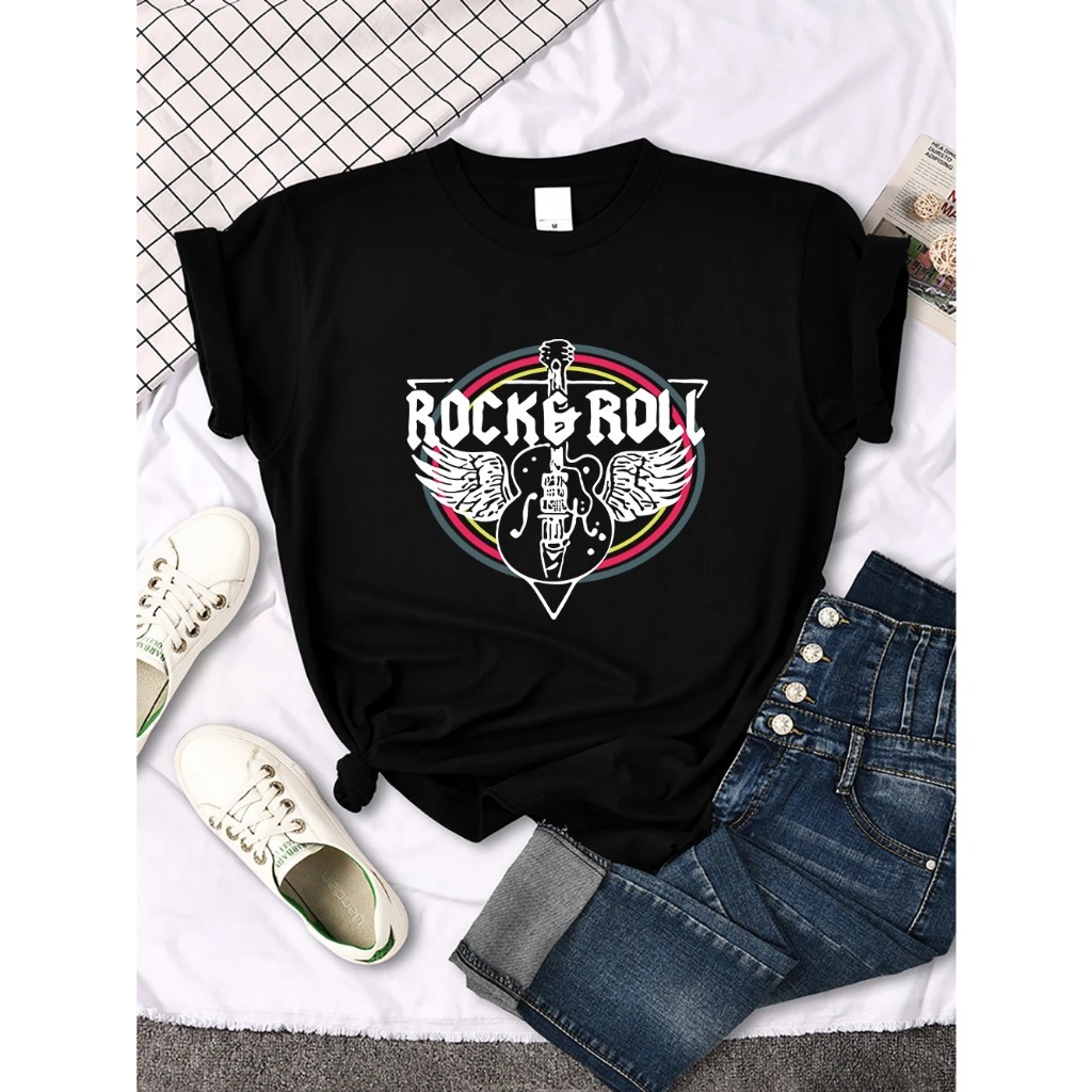 Camiseta Básica Algodão Feminina Rock & Roll Music Guitarra